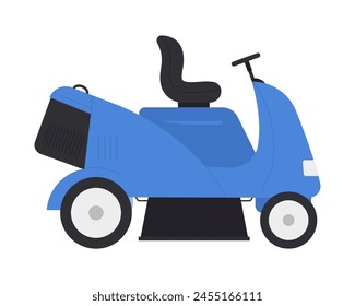 Tractor lawnmower, blue machine to ride, care and cut lawn grass vector illustration