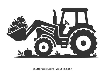 Tractor lifting bucket full of pumpkins silhouette illustration