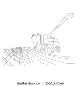 Tractor line art illustration. Harvester, combine hand drawn