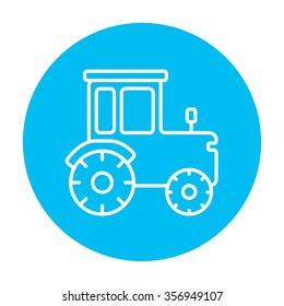 Tractor line icon for web, mobile and infographics. Vector white icon on the light blue circle isolated on white background.