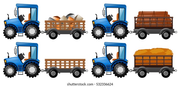 Tractor loaded with four farm products illustration