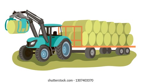 tractor with loader and bales of hay on the cart