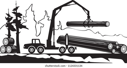 Tractor loading wood timbers in the forest - vector illustration