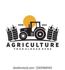 tractor logo for agriculture, agronomy, wheat farming, rural farming fields, natural harvest. farm tractor vector design