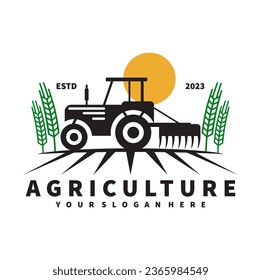 tractor logo for agriculture, agronomy, wheat farming, rural farming fields, natural harvest. farm tractor vector design
