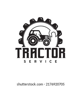 Diseño del logotipo del tractor. Máquina Tractor de Servicio de Reparación y Mantenimiento con Icono de Ilustración con Logotipo de Bloqueo