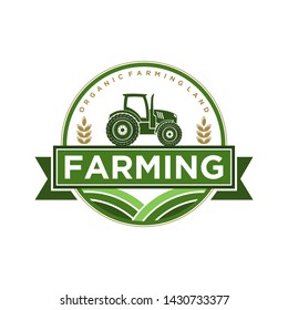 Tractor logo farming industrial vehicle, badge design simple minimalist, field grain element round shape.
