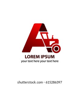 Tractor. Logo of a letter and a combine on a white background. Emblem for the company with special agricultural machinery. Vector illustration