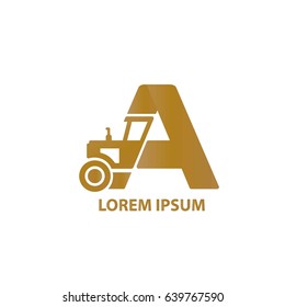 Tractor. Logo of a letter and a combine on a white background. Emblem for the company with special agricultural machinery. Vector illustration