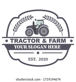 Tractor logo. Organic food fresh design. Nature eco field label. Template with farm landscape. Label for natural farm products. Vector illustration.