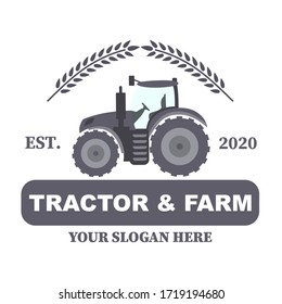 Tractor logo. Organic food fresh design. Nature eco field label. Template with farm landscape. Label for natural farm products. Vector illustration.