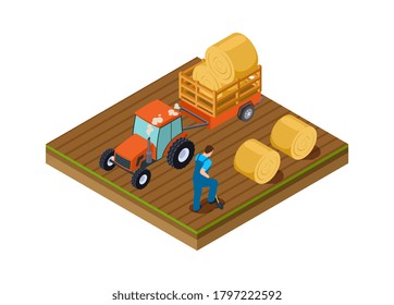 Tractor lorry. Agricultural work, man digs ground. Isometric plantation, harvesting time vector illustration