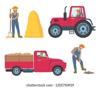 Tractor and lorry icons set vector. Farming man with pitchfork and hay bale, farmer digging soil with spade tool. Cultivation agricultural machinery