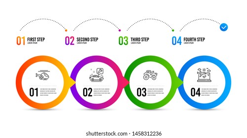 Tractor, Medical helicopter and Car service line icons set. Timeline infographic. Airplane travel sign. Farm transport, Sky transport, Repair service. Check in. Transportation set. Vector