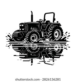 Tractor in a muddy puddle with reflection, agriculture vehicle, farming, rural landscape