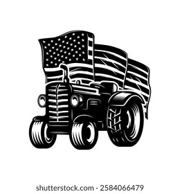 Tractor on american flag background. Design element for emblem, sign, badge, poster. Vector illustration