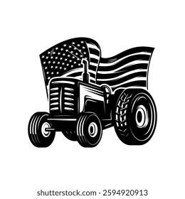 Tractor on american flag background. Design element for emblem, sign, badge, poster. Vector illustration
