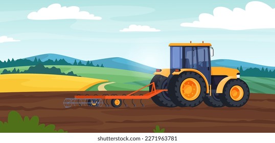 Tractor on the background of nature in a farm field. A heavy machine for working in the field, growing and collecting ecological farm products. Vector illustration