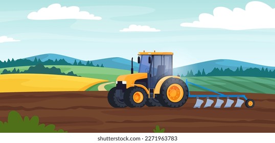 Tractor on the background of nature in a farm field. A heavy machine for working in the field, growing and collecting ecological farm products. Vector illustration