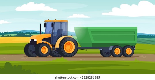 Tractor on the background of nature in a farm field. A heavy machine for working in the field, growing and collecting ecological farm products. Vector illustration