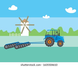 A tractor on a farm processes the crop in the field. A flat vector illustration with color rural background, mill and agriculture. A vintage heavy machine and farming, Eco Farming Concept