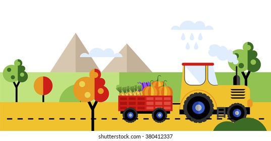 Tractor on farmers field background with harvest. Farm truck.