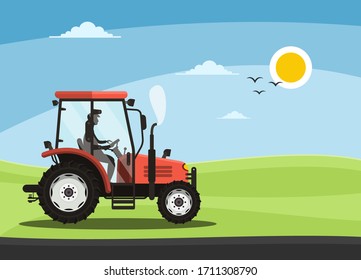 Tractor on Field with Driver Silhouette Vector Illustration