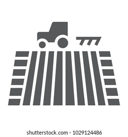 Tractor on field glyph icon, farming and agriculture, plowing sign vector graphics, a solid pattern on a white background, eps 10.