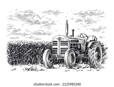 tractor on the field hand drawing sketch engraving illustration style