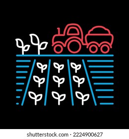 Tractor on field harvest seedling isolated on black background icon. Agriculture sign. Graph symbol for web site design, logo, app, UI. Vector illustration, EPS10.