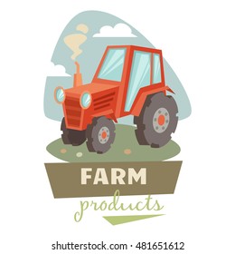 Tractor on field label or badge. Farm products logo.