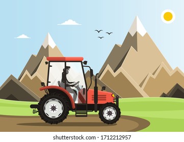Tractor en campo con montañas en segundo plano - Ilustración vectorial