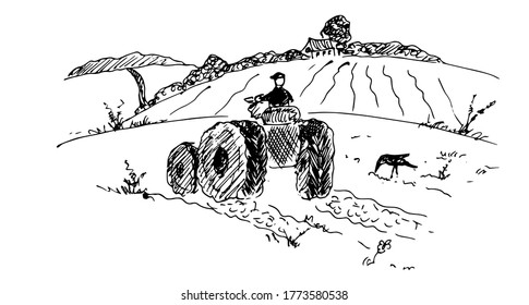 Tractor on the field. Sketch. Vector illustration.