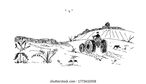 Tractor on the field. Sketch. Vector illustration.