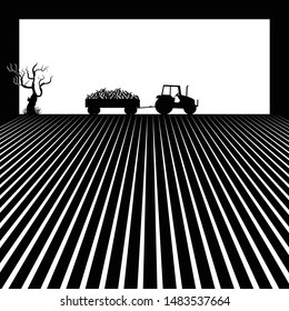Tractor on the field with a trailer full of pumpkins. Harvesting pumpkins. Vector illustration