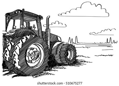 Tractor on a field. Vector freehand linear ink hand drawn icon picture sketchy in art scribble style pen on paper. Side view with space for text on land.