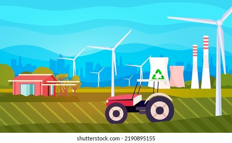 Tractor On Field With Wind Turbines Energy Renewable Station Waste Free World Clean Power Carbon Credit Concept