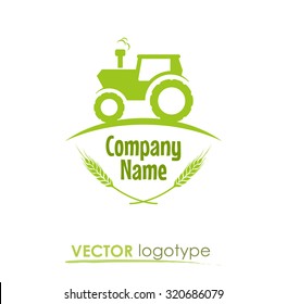 Tractor on Logotype for farm company in green and white colors, Flat Vector Illustrations isolated on white