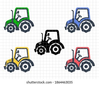 Tractor on the transparent background.  Farm Transport. Kid’s design. Silhouette and outline vector flat illustration. Cutting file. Suitable for cutting software. Cricut, Silhouette
