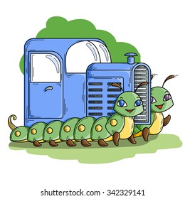 Tractor on the two cheerful and friendly caterpillars. Children's illustration. Joke. Caricature.