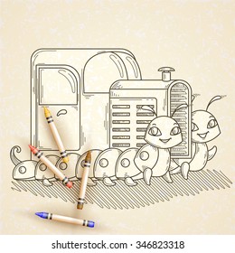 Tractor on the two cheerful and friendly caterpillars. Children's illustration. Joke. Caricature.