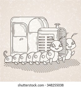 Tractor on the two cheerful and friendly caterpillars. Children's illustration. Joke. Caricature.