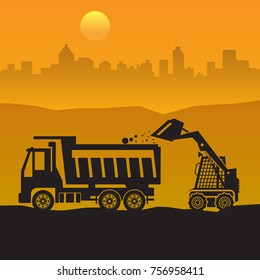 Tractor on work at construction site. Tractor grader, bulldozer silhouette, vector illustration