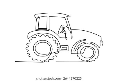Tractor, one line continuous. Line art outline vector illustration of farm transport, Continuous line art or One Line drawing of tractor for vector illustration, business transportation.