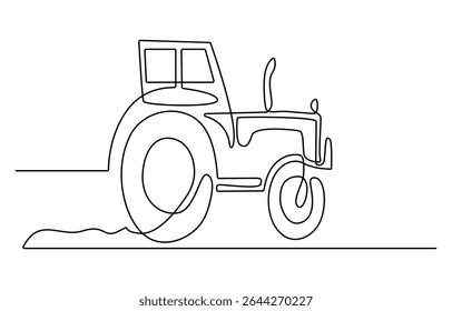 Tractor, one line continuous. Line art outline vector illustration of farm transport, Continuous line art or One Line drawing of tractor for vector illustration, business transportation.