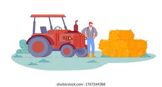 Tractor operator. Isolated farm field tractor operator farmer man making hay harvest bales. Vector countryside agriculture, agricultural machinery vehicle transportation