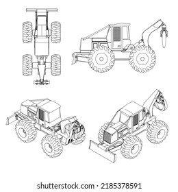 Tractor outline set from black lines isolated on white background. Side view, top view, isometric. Vector illustration.