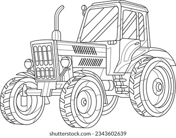 Tractor Outline Vector Illustration. Coloring Book For Kids. Coloring Pages For Kids. Tractor Vector. Farm Truck Vector. Coloring For Adults.