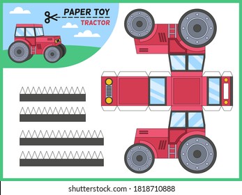 Tractor paper cut toy. Kids handmade educational game printable 3d paper model, worksheet with farm tractors elements for cutting, preschool crafts puzzle toy cartoon vector flat isolated illustration