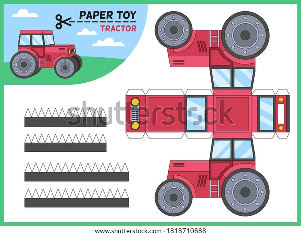 Tractor paper cut toy. Kids handmade\
educational game printable 3d paper model, worksheet with farm\
tractors elements for cutting, preschool crafts puzzle toy cartoon\
vector flat isolated\
illustration